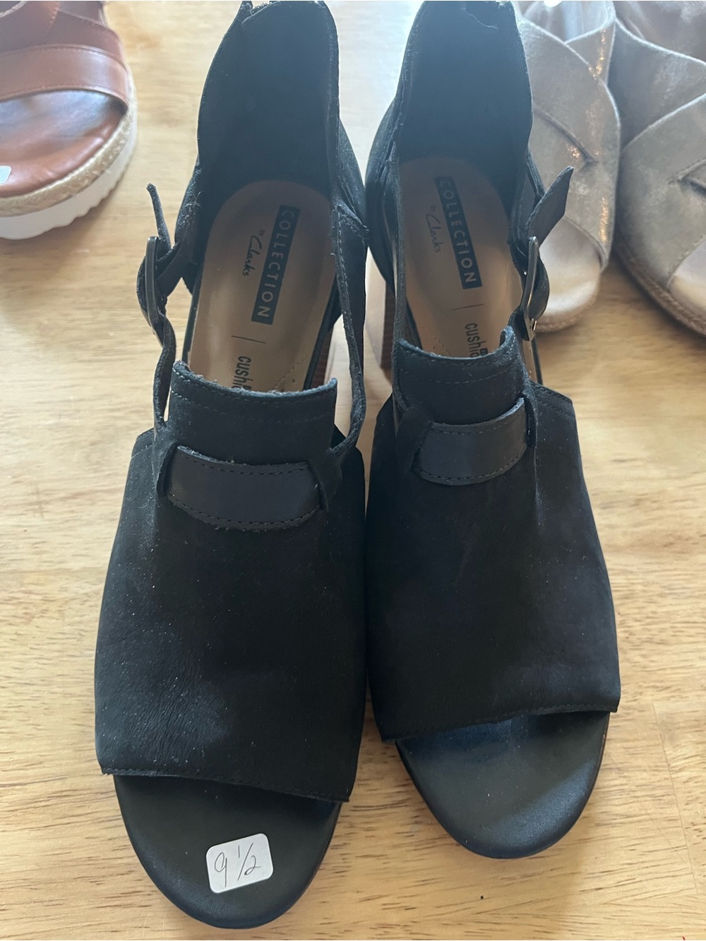 Clarks Black Suede Open-Toe Ankle Strap Heels